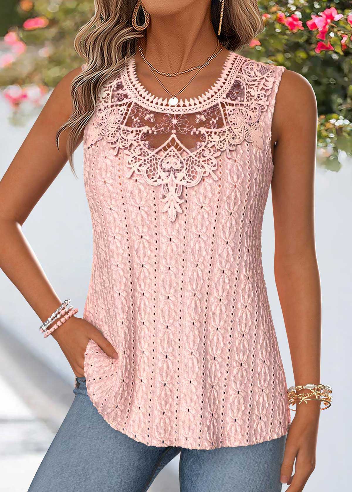 Modlily Pink Patchwork Sleeveless Round Neck Tank Top - M