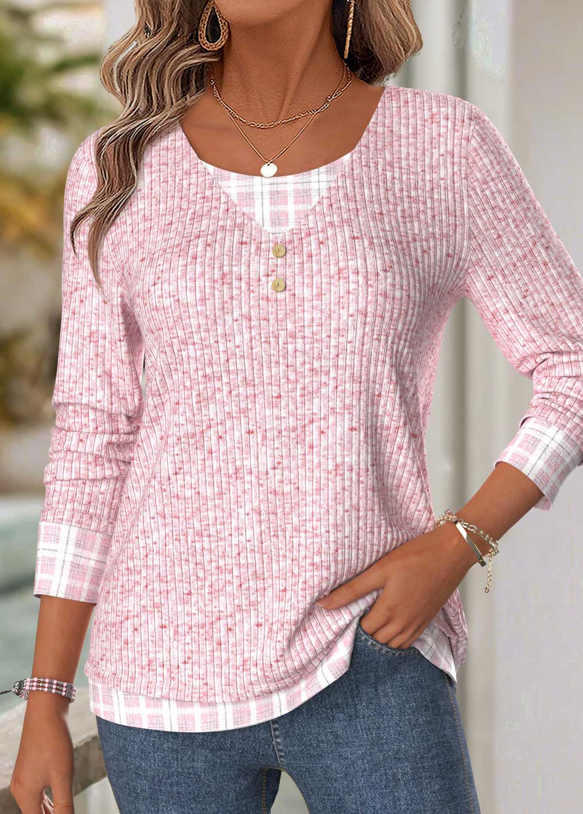 Modlily Pink Plaid Patchwork Long Sleeve V Neck T Shirt - S