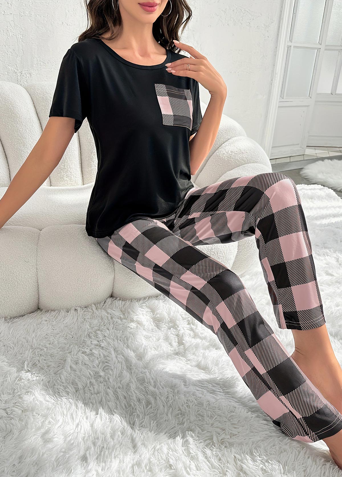 Modlily Pink Plaid Short Sleeve Lounge Top and Pants - M