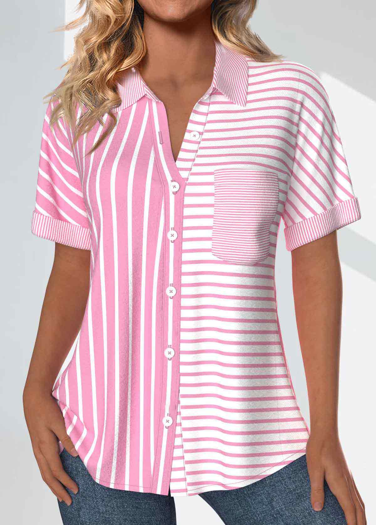 Modlily Pink Pocket Striped Short Sleeve Shirt - L