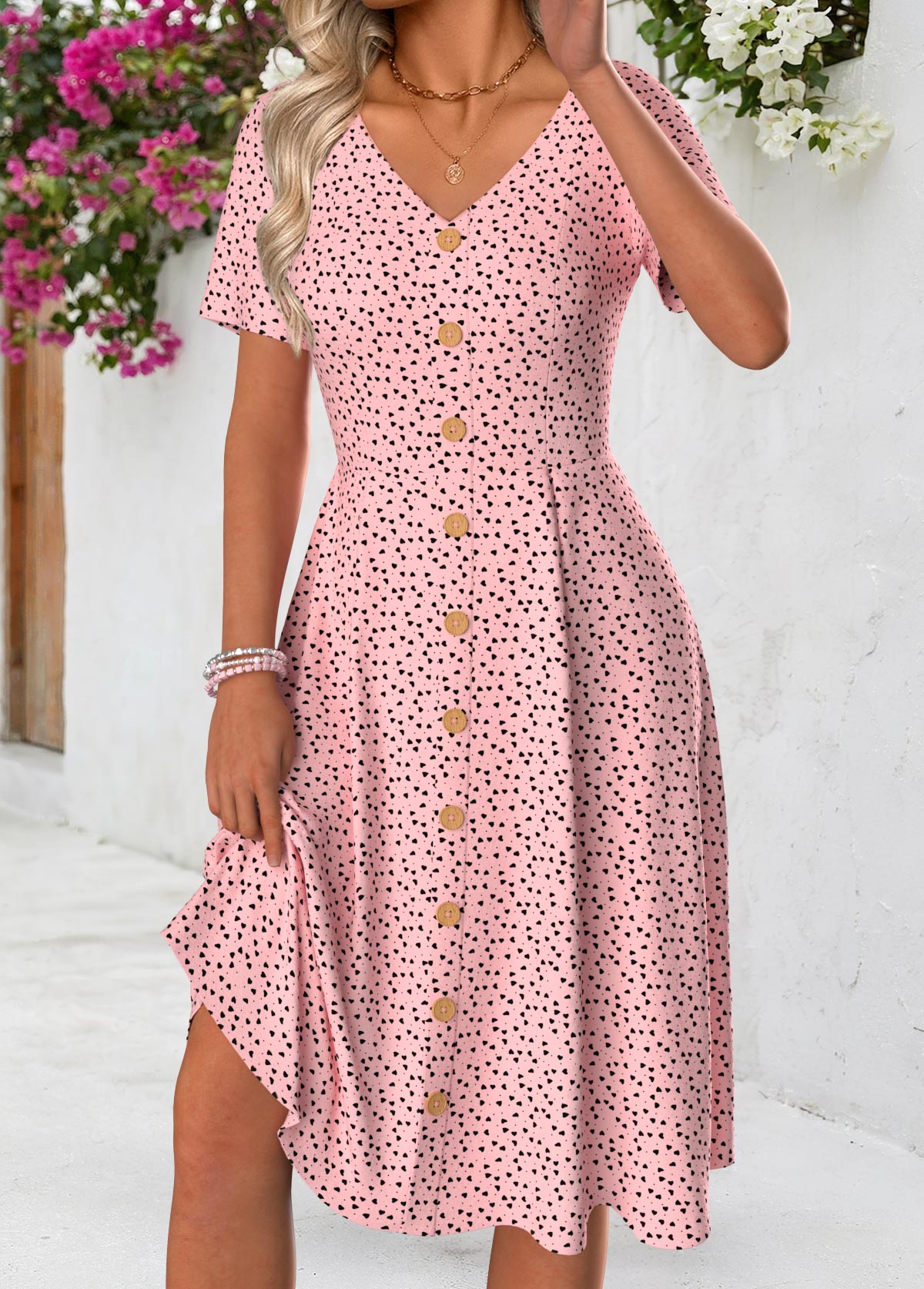 Modlily Pink Polka Dot Short Sleeve V Neck Dress - S