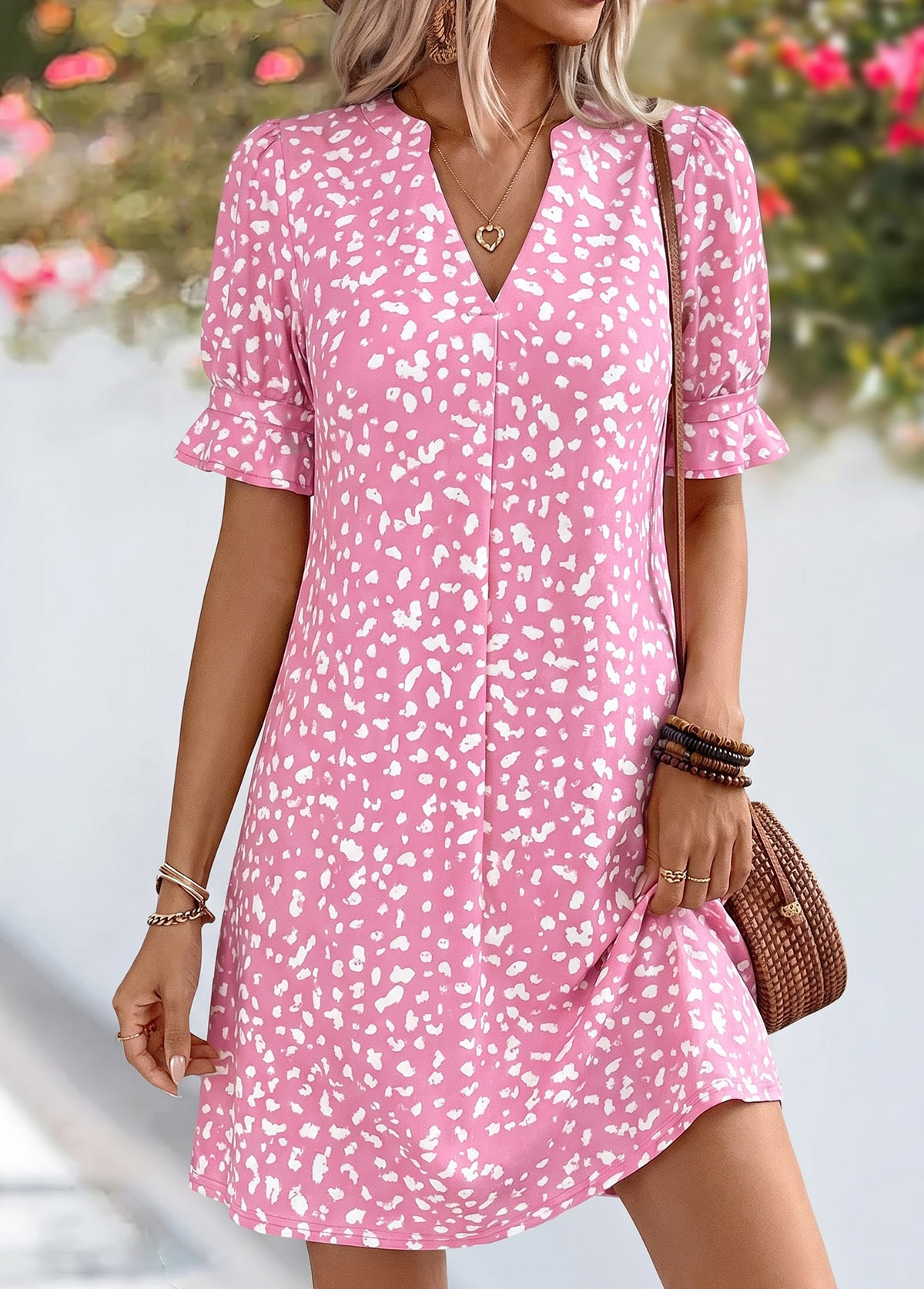 Modlily Pink Polka Dot Short Tummy Coverage Split Neck Dress - M