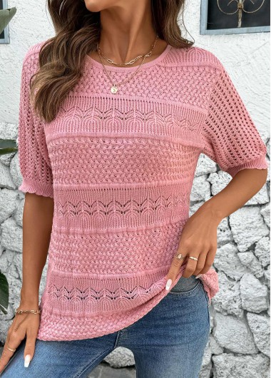 Modlily Pink Round Neck Short Sleeve Crochet Ladies Top - S