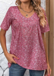 Modlily Pink Ruched Ditsy Floral Print Short Sleeve Blouse - S