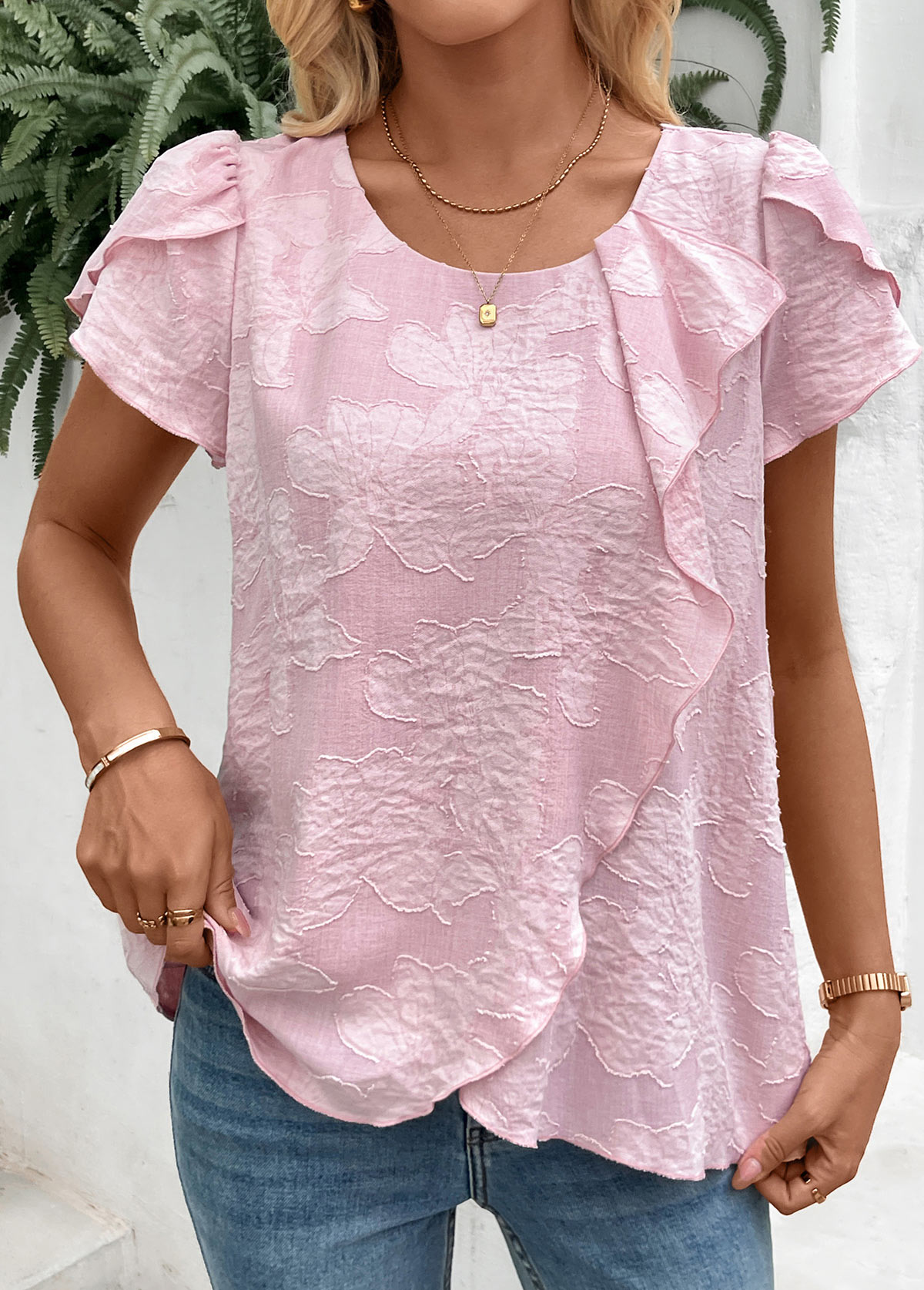 Modlily Pink Short Sleeve Round Neck T Shirt - S