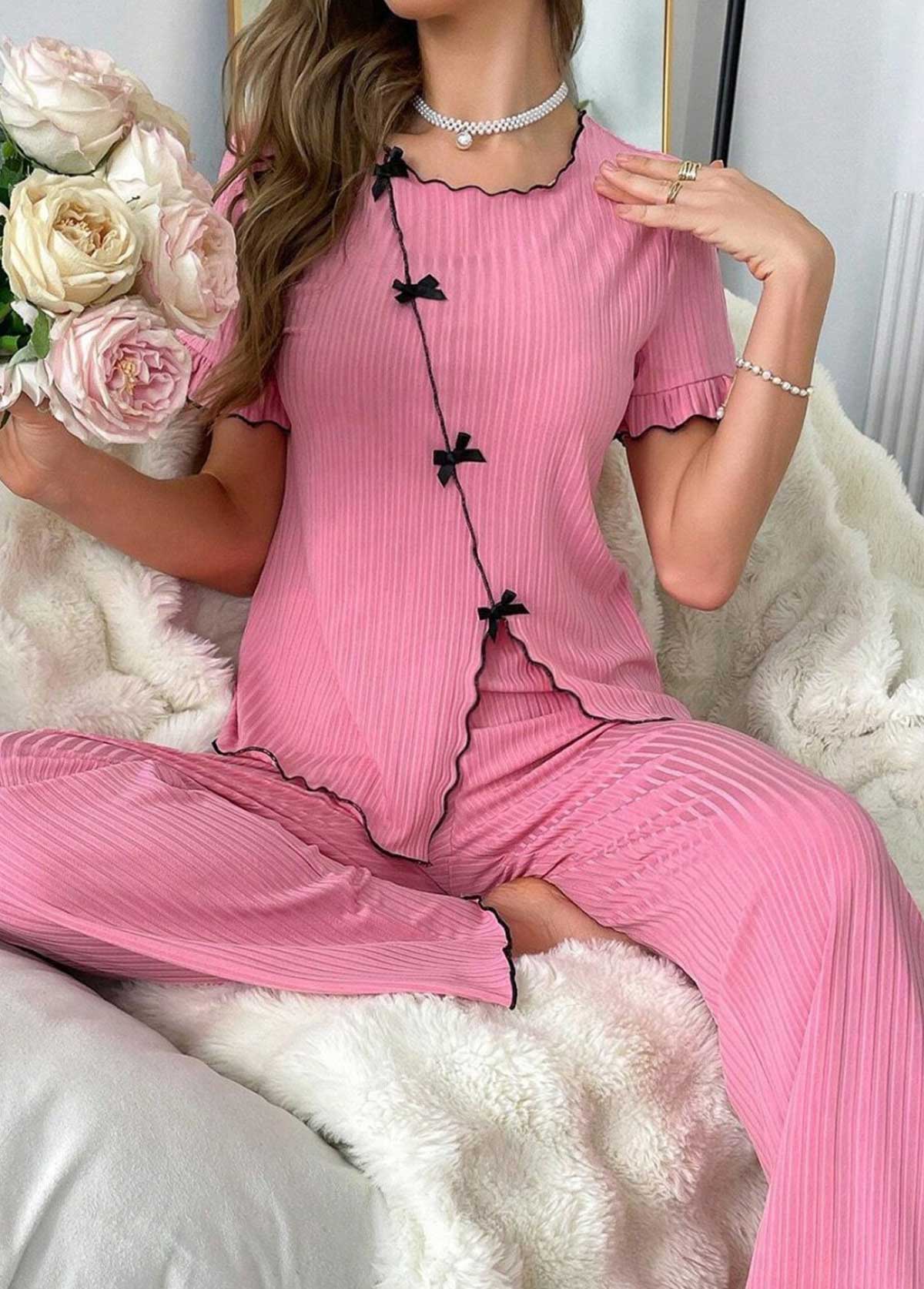 Modlily Pink Short Sleeve Square Neck Lounge Top and Pants - S