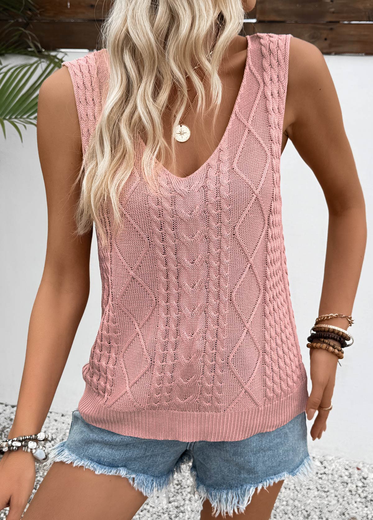 Modlily Pink Sleeveless V Neck Tank Top - S