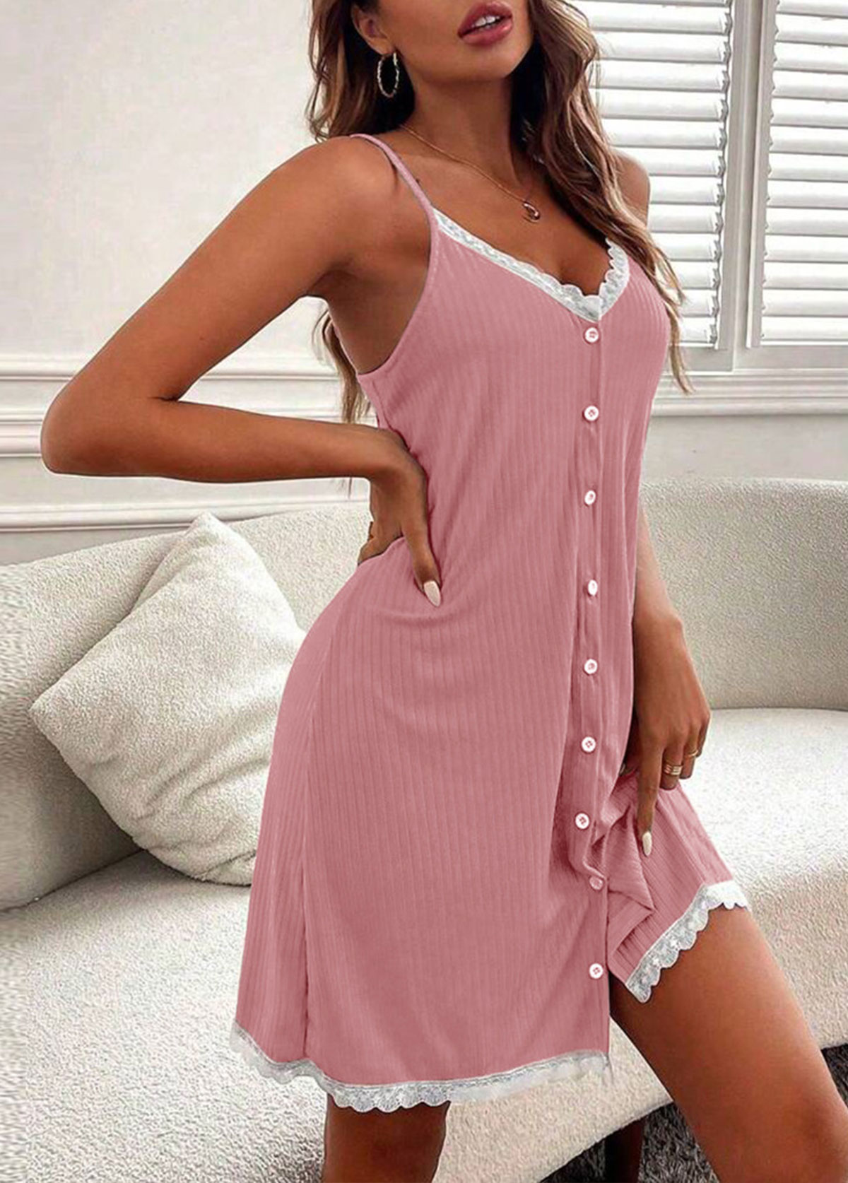 Modlily Pink Strappy V Neck Strappy Nightdress - S