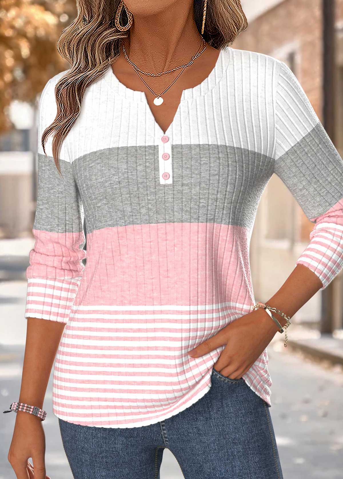 Modlily Pink Striped Curved Hem Long Sleeve T Shirt - S