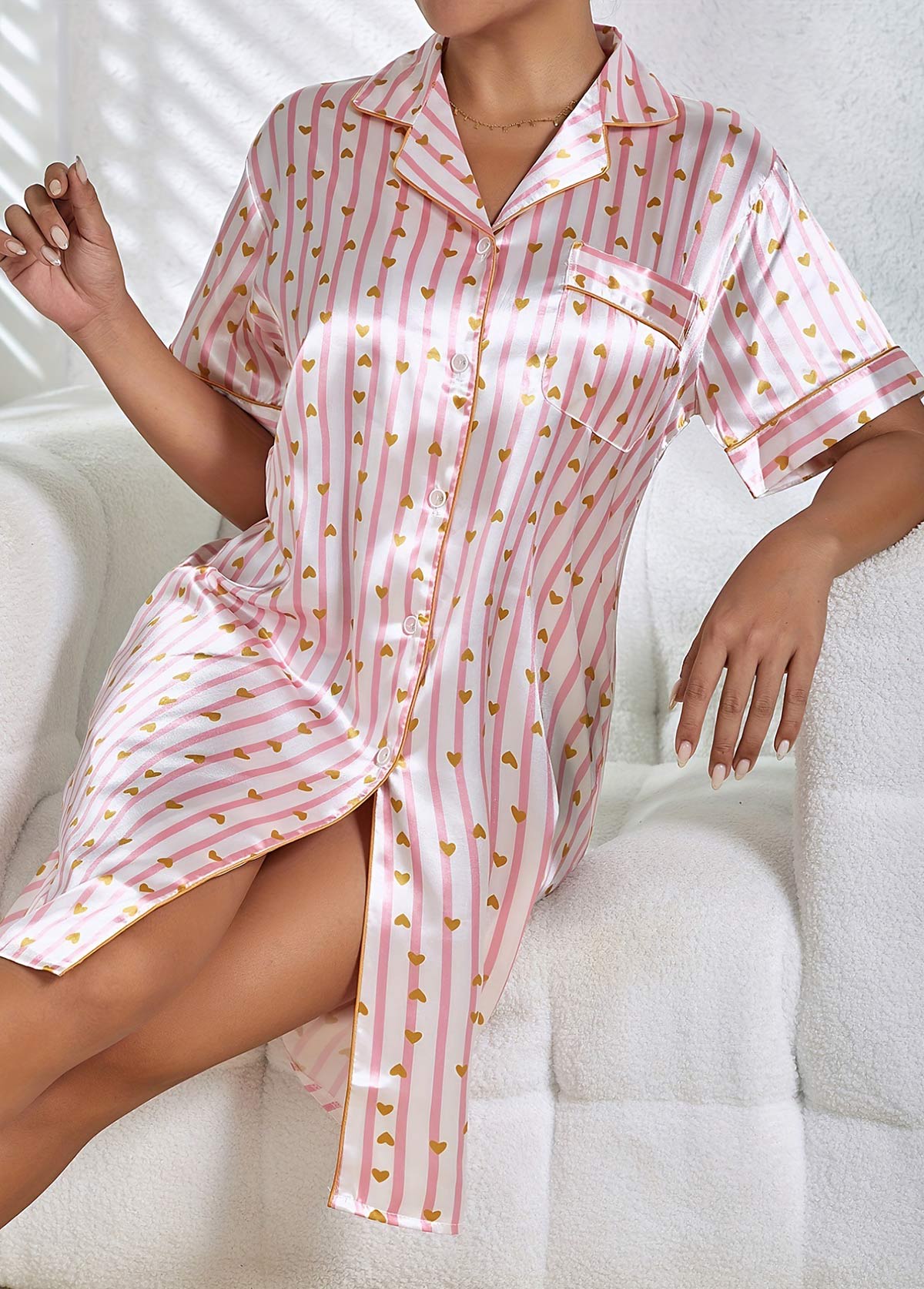Modlily Pink Striped Half Sleeve Turn Down Collar Nightdress - S