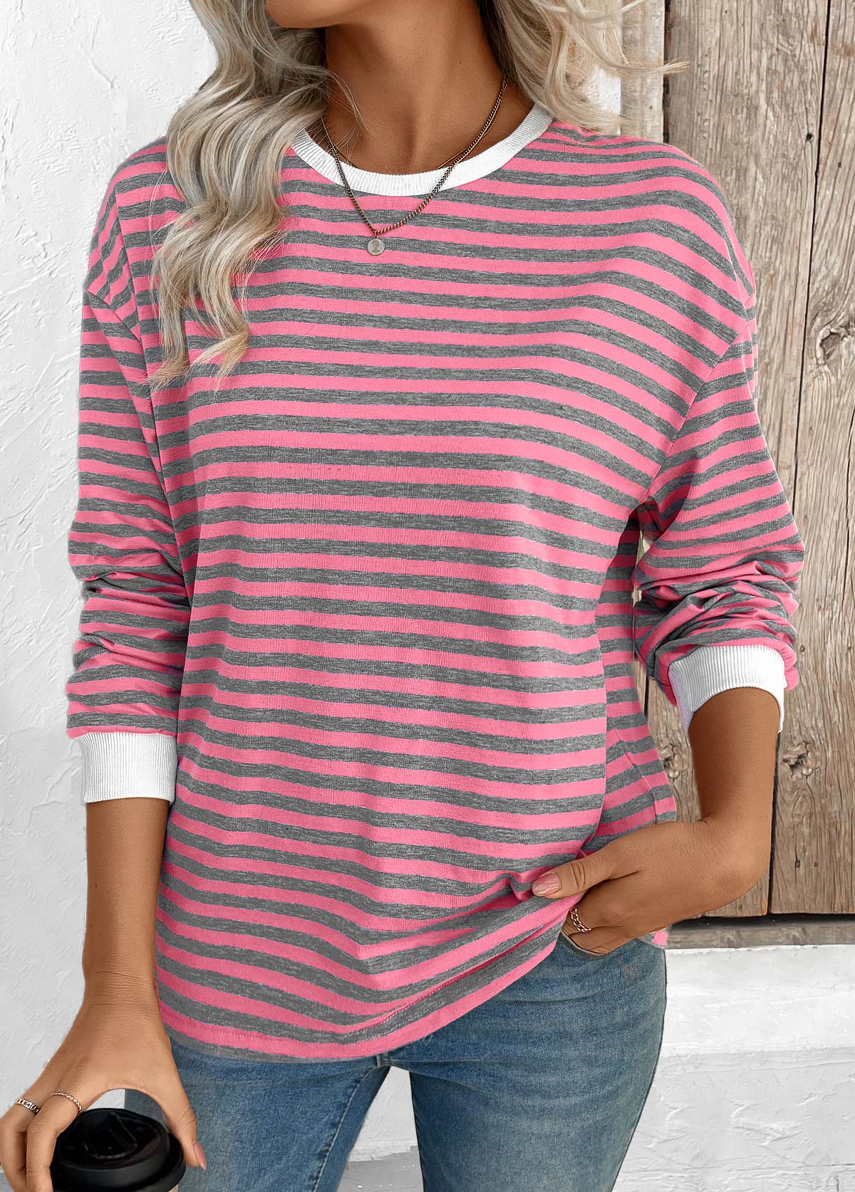 Modlily Pink Striped Long Sleeve Round Neck T Shirt - M