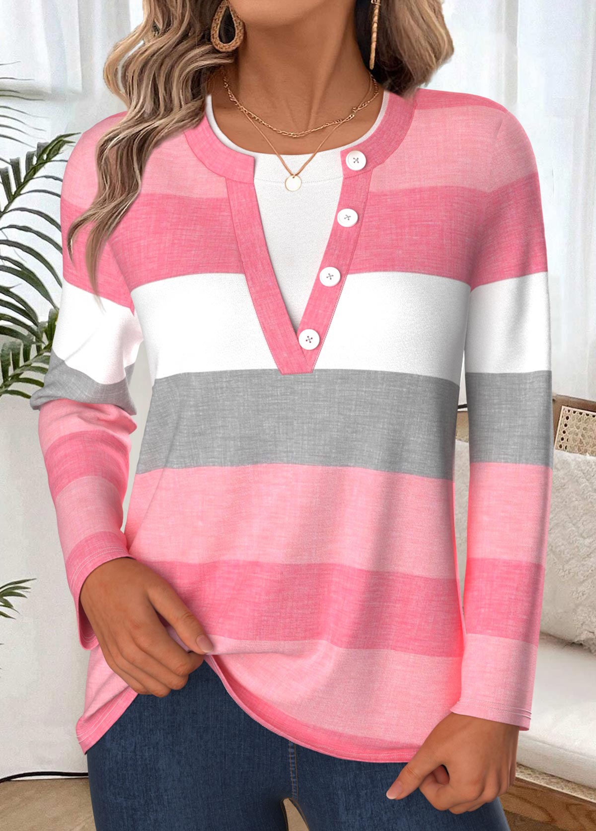 Modlily Pink Striped Long Sleeve Split Neck T Shirt - M
