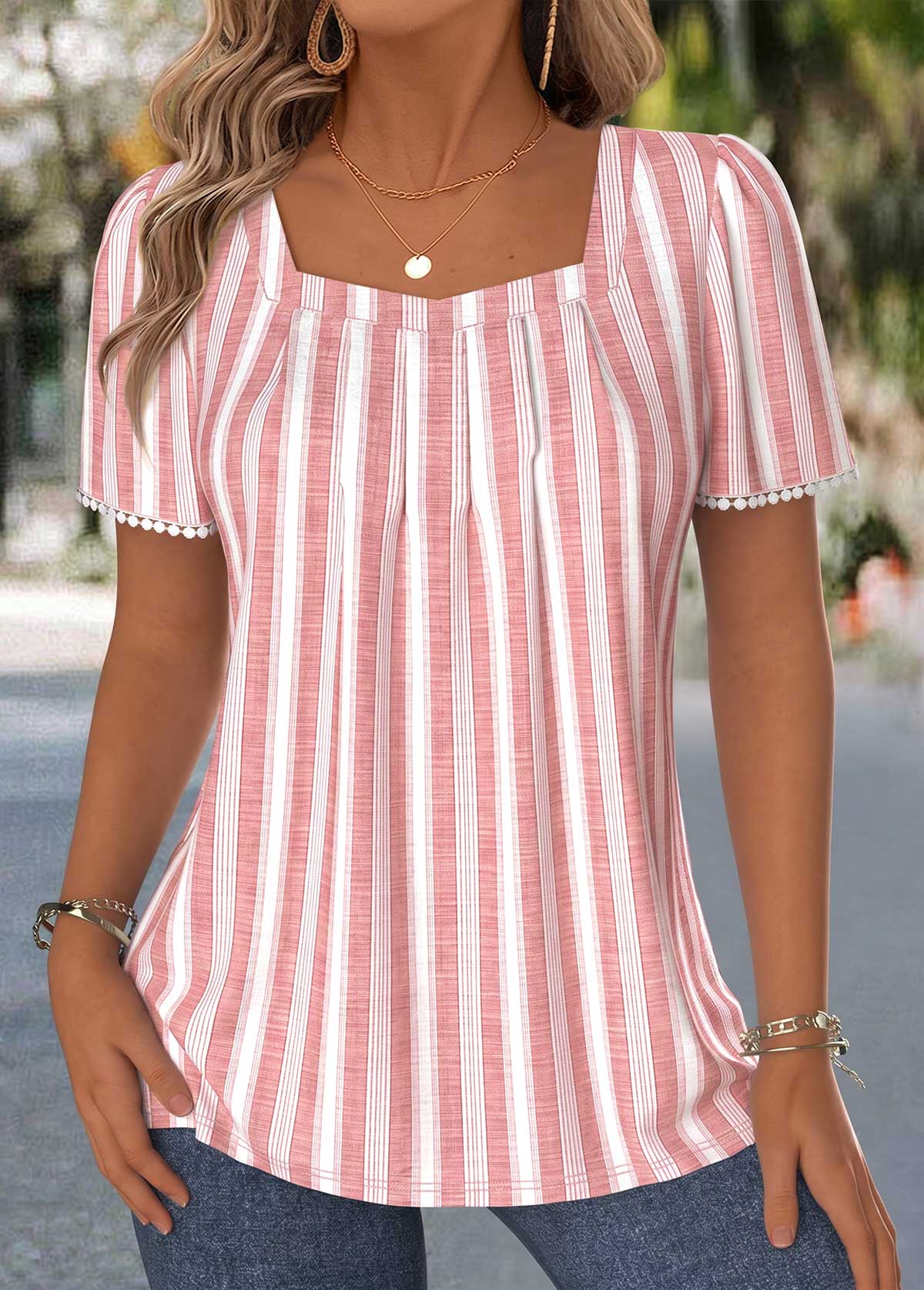 Modlily Pink Striped Pleated Short Sleeve Square Neck T Shirt - S