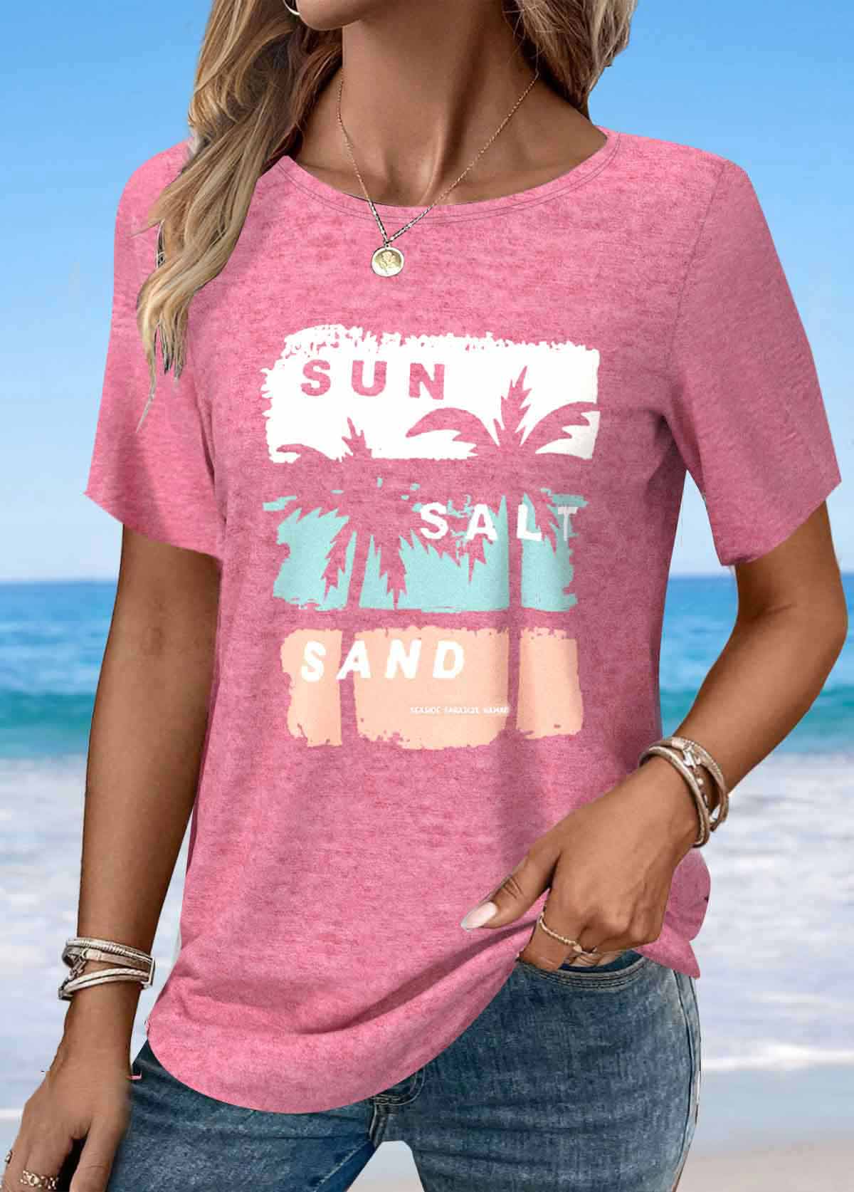 Modlily Pink Tropical Plants Print Short Sleeve T Shirt - S