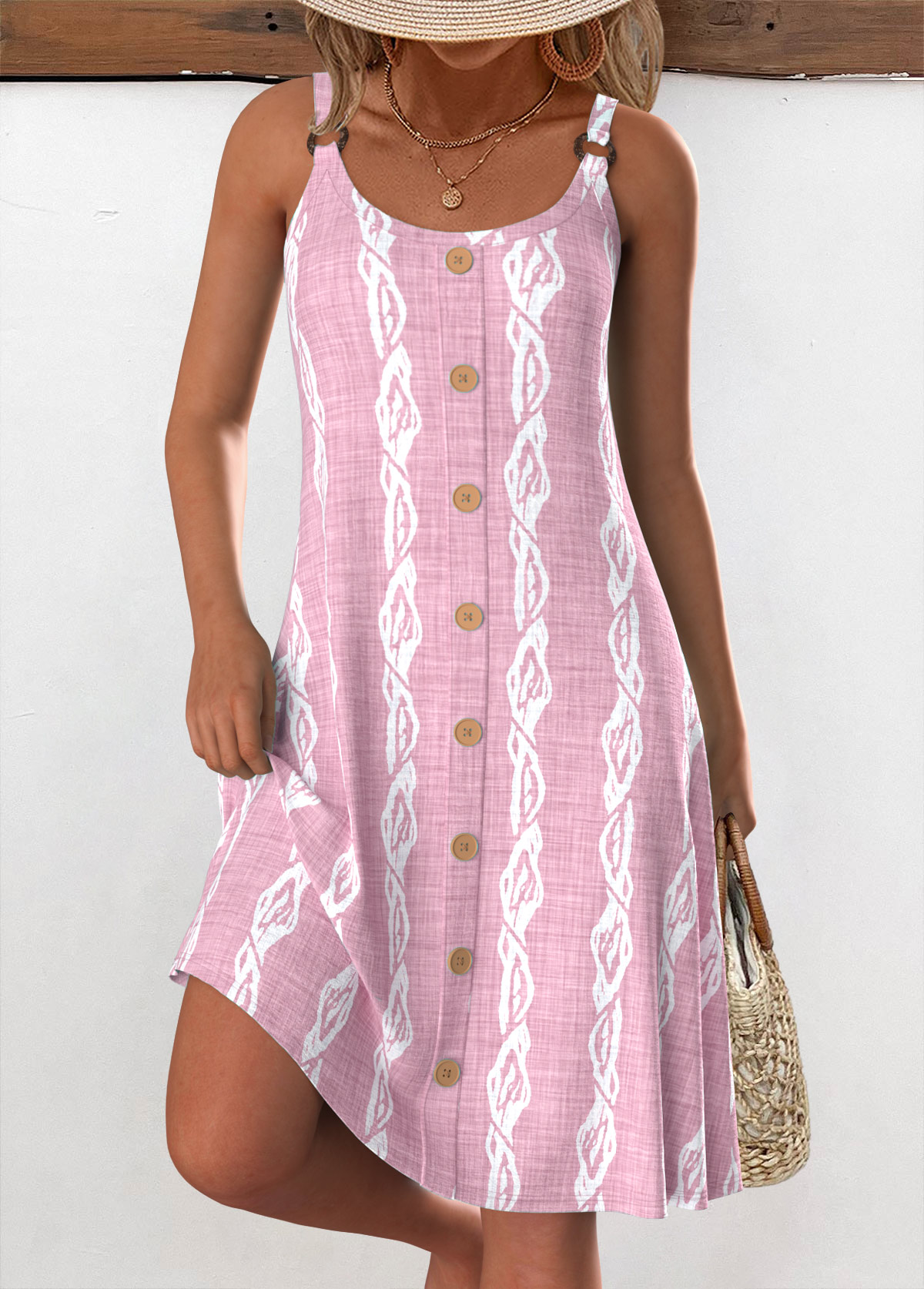 Modlily Pink Tropical Plants Print Strappy Round Neck Dress - S
