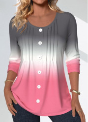 Modlily Pink Tuck Stitch Ombre Long Sleeve Round Neck Blouse - S