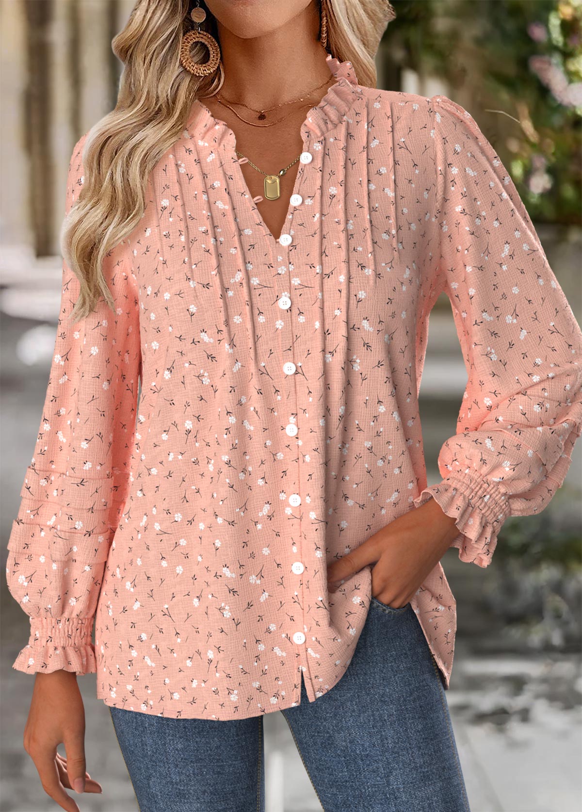 Modlily Pink Tummy Coverage Floral Print Long Sleeve Blouse - S