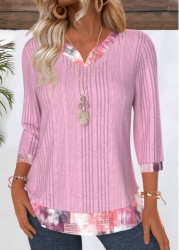 Modlily Pink Tummy Coverage Geometric Print 3/4 Sleeve T Shirt - M