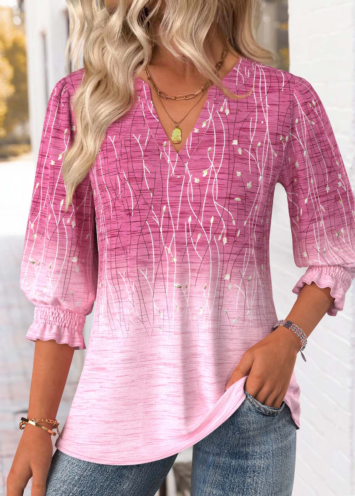Modlily Pink Tummy Coverage Ombre 3/4 Sleeve Split Neck Blouse - L