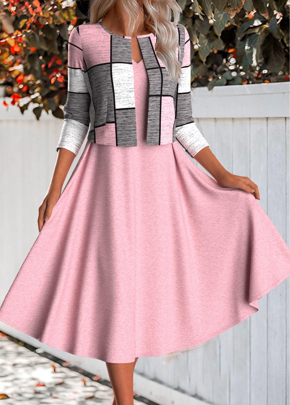 Modlily Pink Two Piece Plaid Long Sleeve Dress and Cardigan - M