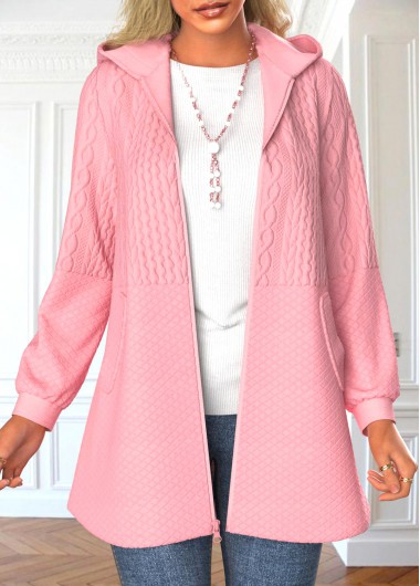 Modlily Pink Zipper Long Sleeve Hooded Jacket - L