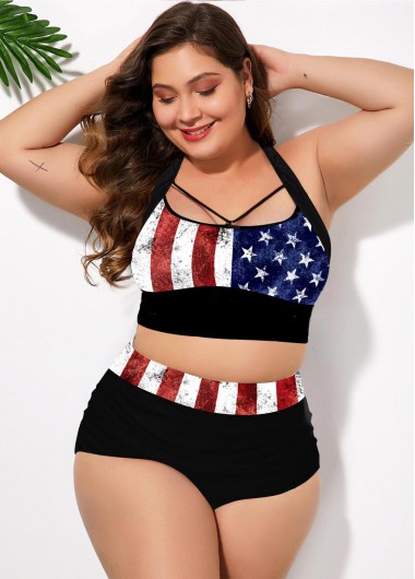 Modlily Plus Size American Flag Print Cross Strap Bikini Set - 3X