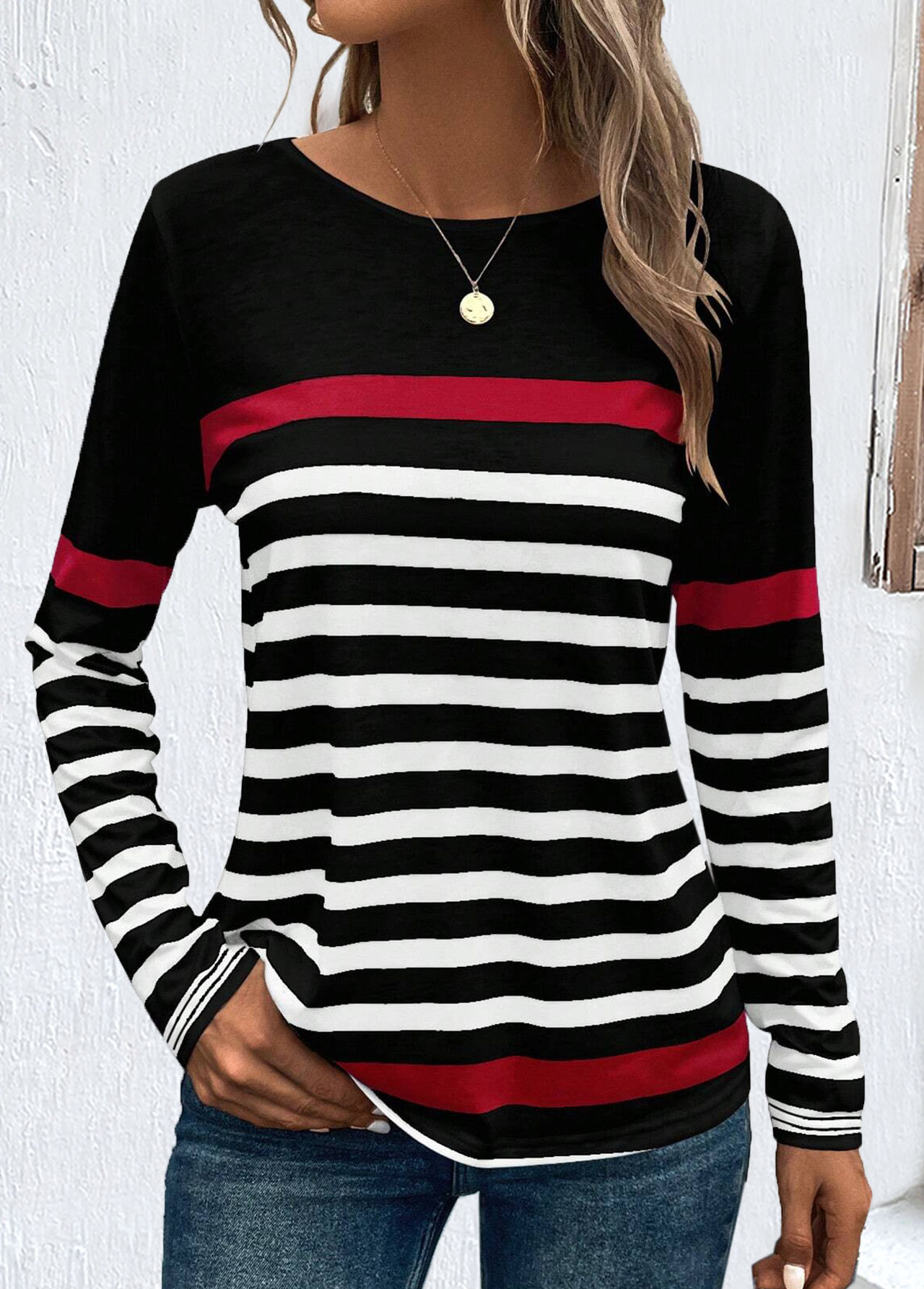 Modlily Plus Size Black Patchwork Striped Long Sleeve T Shirt - 3X