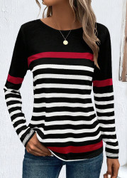 Modlily Plus Size Black Patchwork Striped Long Sleeve T Shirt - 3X