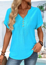 Modlily Plus Size Blue Button Short Sleeve T Shirt - 1X