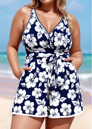 Modlily Plus Size Blue Floral Print One Piece Swimwear - 1X