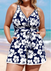 Modlily Plus Size Blue Floral Print One Piece Swimwear - 1X
