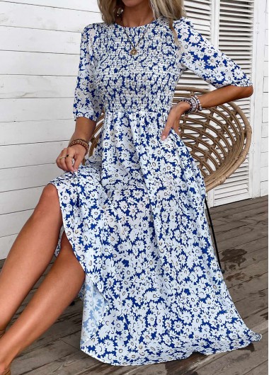 Modlily Plus Size Blue Smocked Ditsy Floral Print Dress - 1X