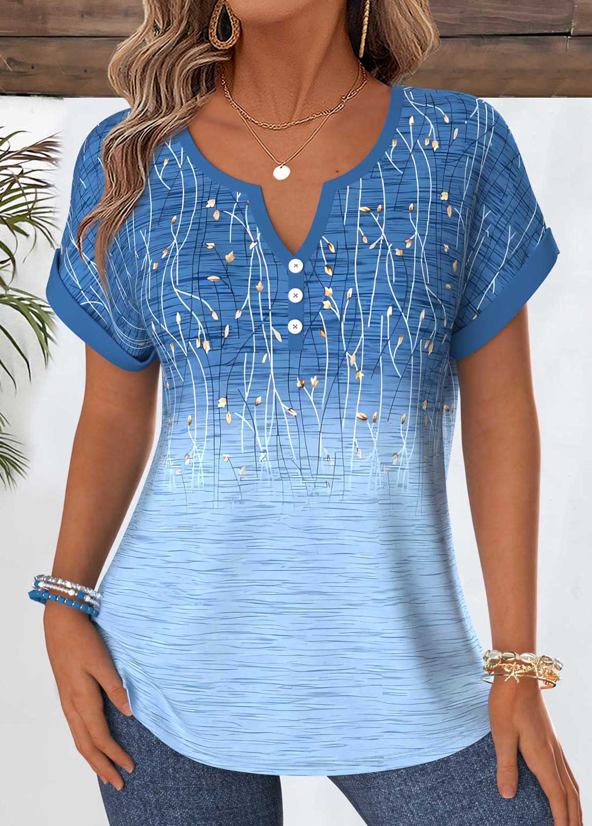 Modlily Plus Size Blue Tummy Coverage Ombre Short Sleeve Blouse - 3X