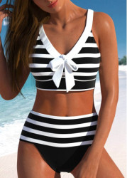 Modlily Plus Size Bowknot Black Striped Bikini Set - 3X