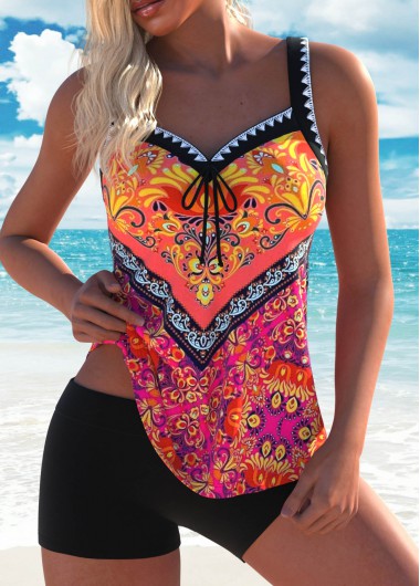 Modlily Plus Size Bowknot Multi Color Tribal Print Tankini Set - 1X