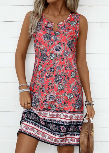 Modlily Plus Size Coral Circular Ring Tribal Print Sleeveless Dress - 3X