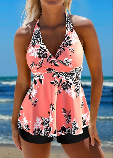 Modlily Plus Size Criss Cross Coral Floral Print Tankini Set - 1X