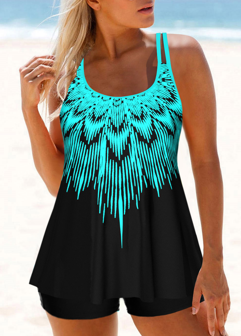Modlily Plus Size Cyan Ombre Tankini Top - 1X