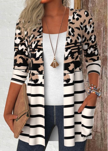 Modlily Plus Size Dark Camel Leopard Long Sleeve Light Cardigan - 1X