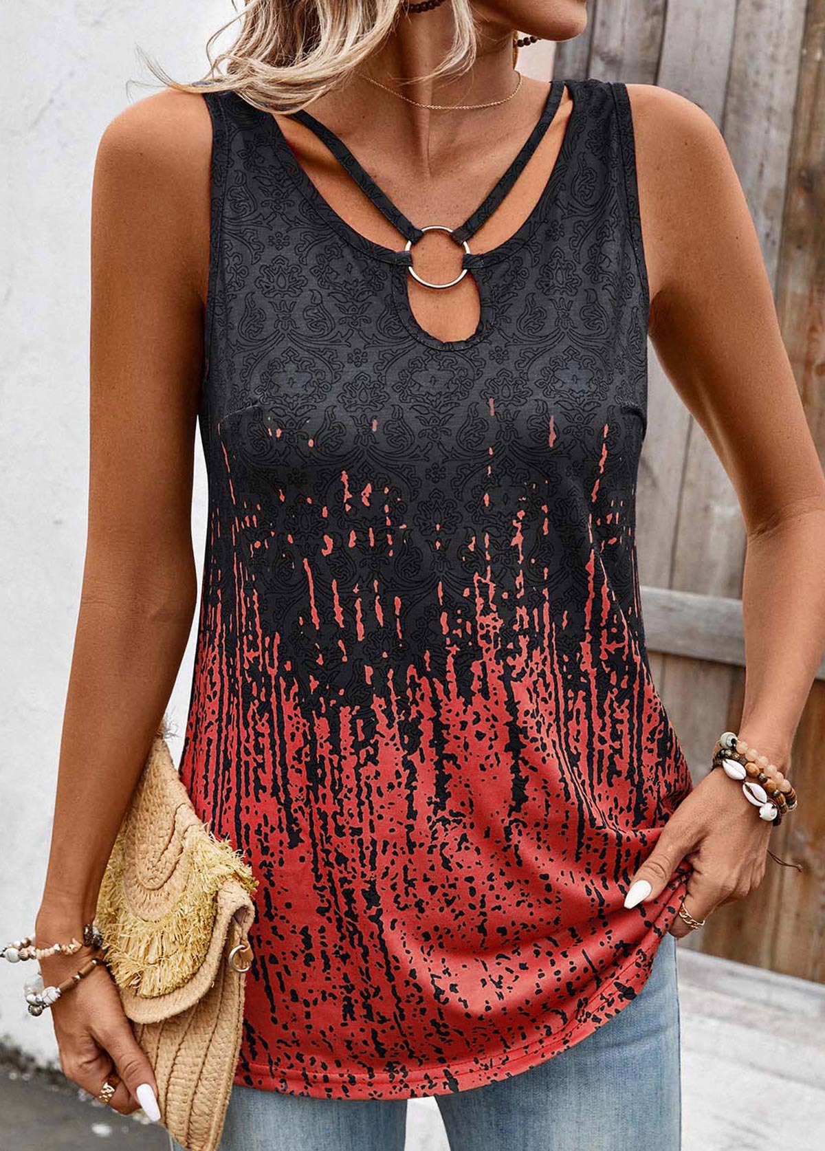 Modlily Plus Size Dark Grey Marl Circular Ring Tank Top - L