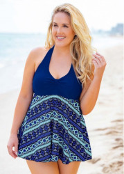 Modlily Plus Size Geometric Print Halter Swimdress and Shorts - 1X