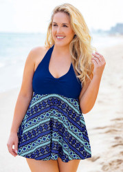 Modlily Plus Size Geometric Print Halter Swimdress and Shorts - 3X