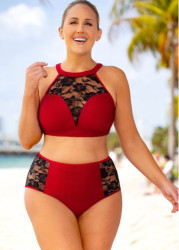 Modlily Plus Size Lace Stitching High Waisted Bikini Set - 3X
