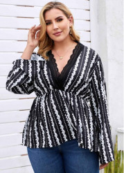 Modlily Plus Size Lace Trim Printed Blouse - L