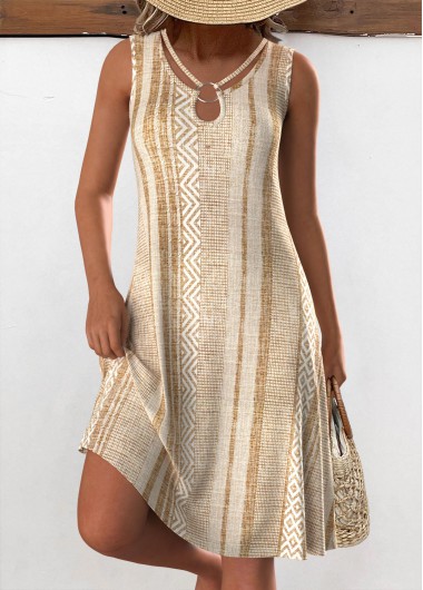Modlily Plus Size Light Camel Circular Ring Geometric Print Dress - 3X