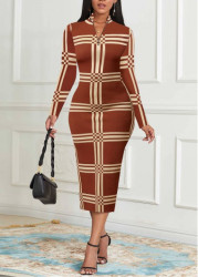 Modlily Plus Size Light Coffee Zipper Striped Bodycon Dress - 3X