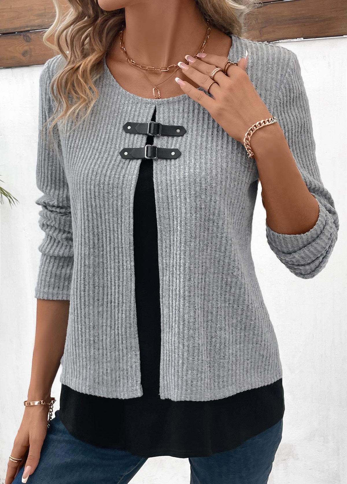 Modlily Plus Size Light Grey Marl Fake Two Piece Twinset - S