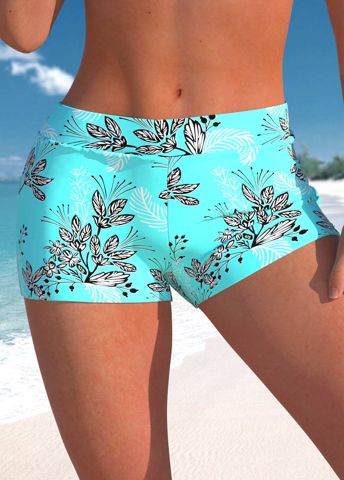 Modlily Plus Size Mid Waisted Leaf Print Swim Shorts - 3X