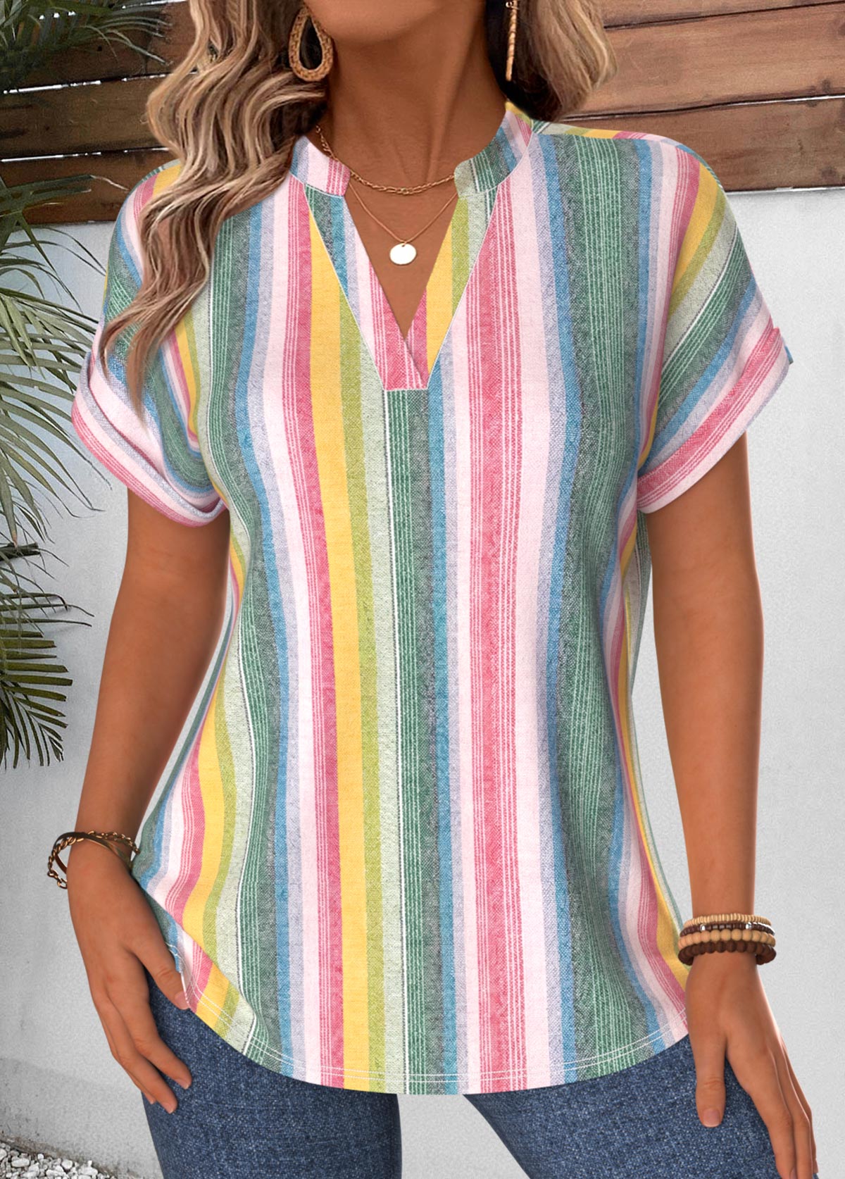 Modlily Plus Size Multi Color Curved Hem Striped Blouse - 1X