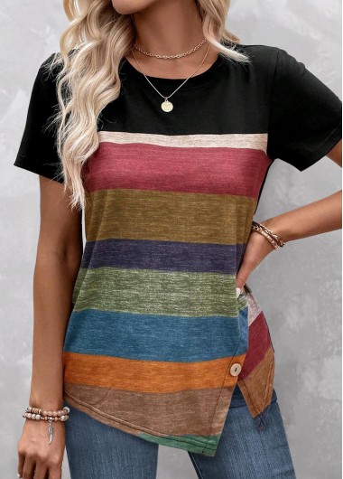 Modlily Plus Size Multi Color Patchwork Striped T Shirt - 1X